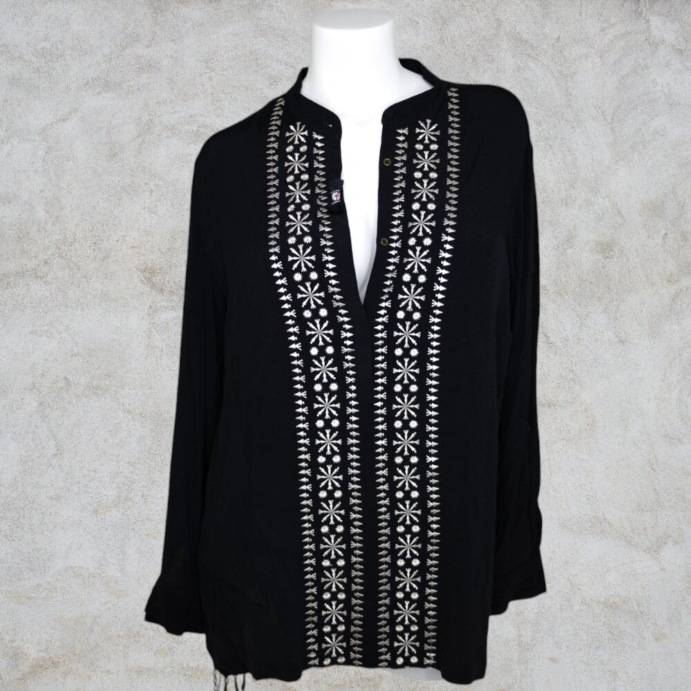 John Mark Black and Cream Embroidered Tunic Top with Fringe Bohemian Stunning